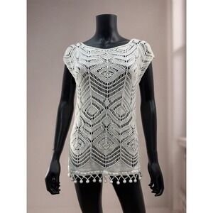 Lilly Pulitzer Ivory Crochet Knit Tunic Top Pom‎ Pom Hem Boho Size S